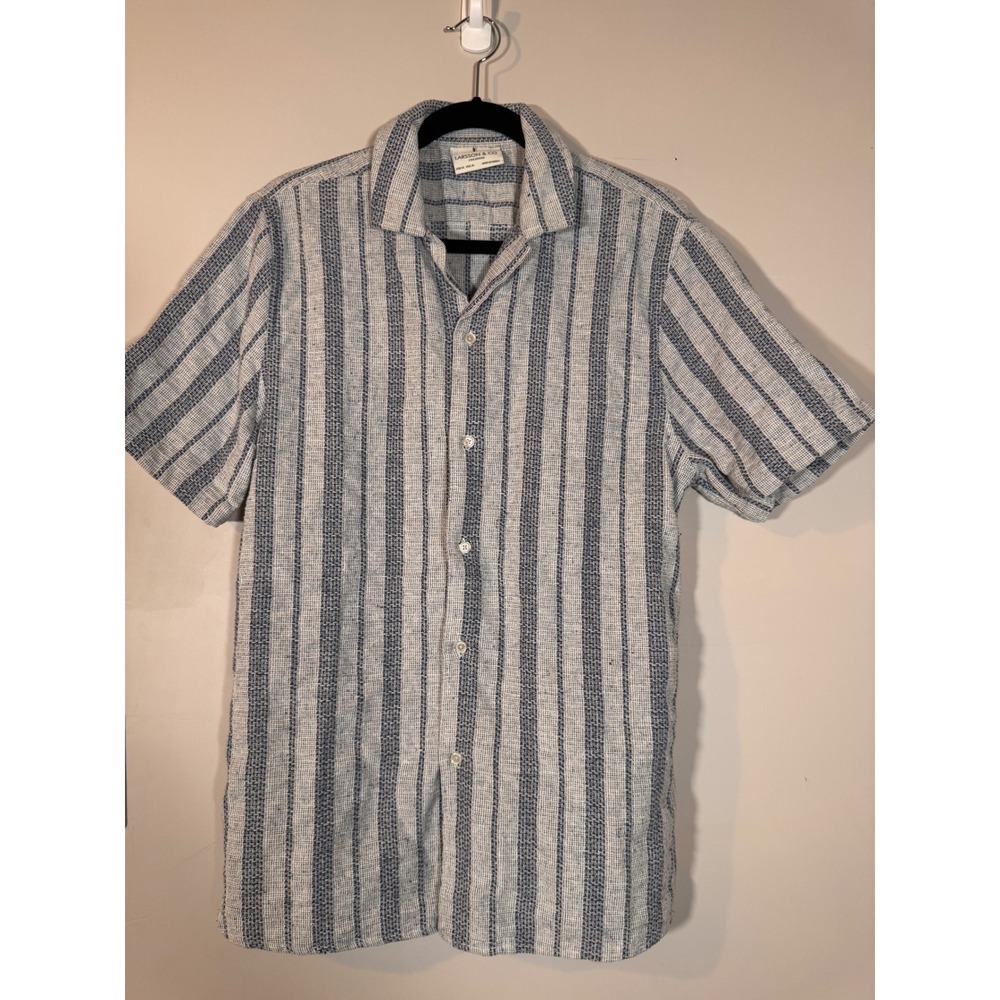 Larsson & Co Premium Mens XL Blue White Striped Textured Short Sleeve Shirt